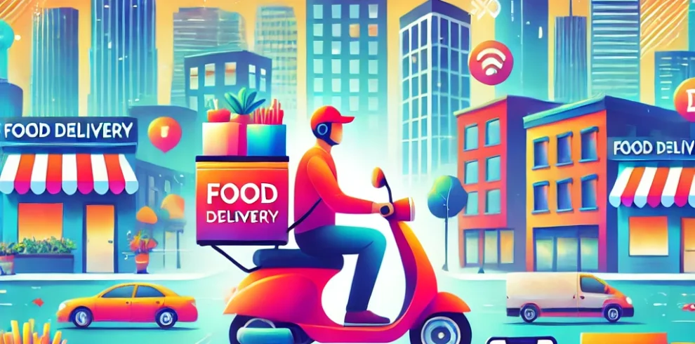 DALL·E 2024-06-22 00.50.41 – A colorful and vibrant illustration of food delivery in a modern city. Show a delivery person on a scooter with a food box, navigating through the cit