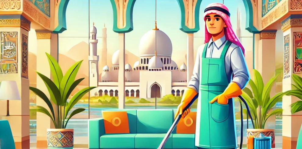 DALL·E 2024-06-22 01.20.45 – A colorful and vibrant illustration of a Bangladeshi indoor cleaner at work in a modern setting in Saudi Arabia. The scene should include elements lik