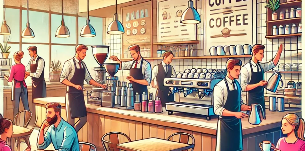 DALL·E 2024-06-22 02.44.09 – An illustration of a vibrant coffee shop scene in a square aspect ratio. The scene features baristas preparing coffee behind the counter, servers atte