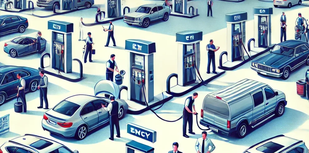 DALL·E 2024-06-22 03.03.32 – An illustration of a busy petrol pump scene in a square aspect ratio. The scene features attendants refueling cars, customers interacting with staff a