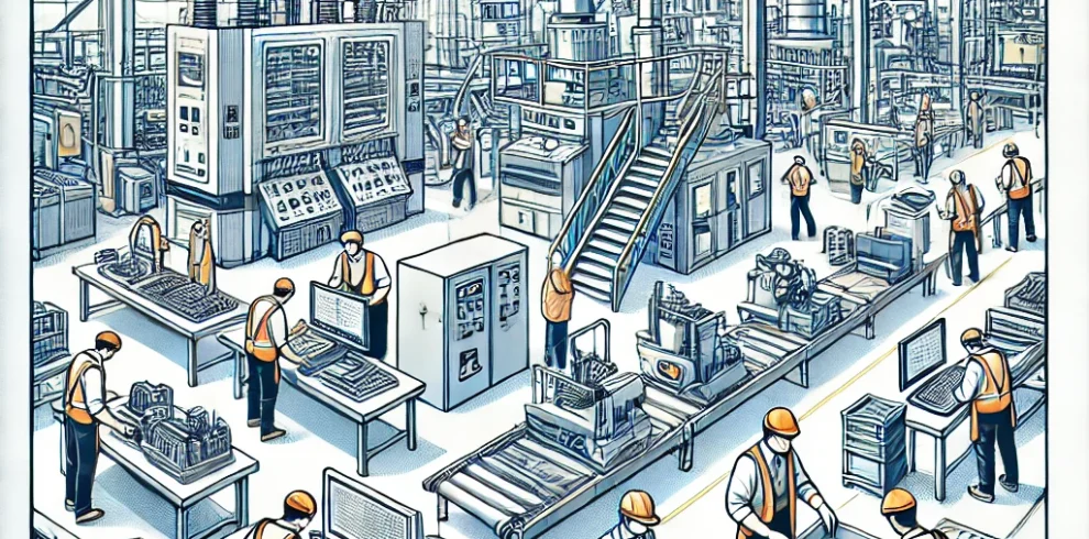 DALL·E 2024-06-22 03.55.08 – An illustration of a busy factory scene in a square aspect ratio. The scene features workers operating machinery, assembling products, and moving mate