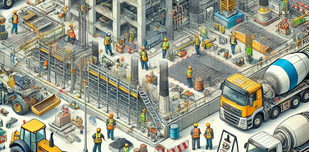 DALL·E 2024-06-22 03.59.30 – A detailed illustration of a construction site. The scene includes various construction vehicles like cranes, bulldozers, and cement mixers. Workers a